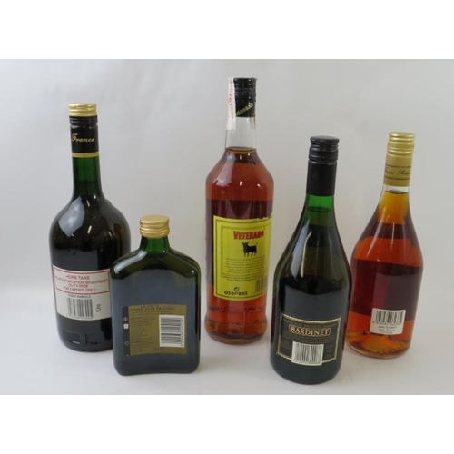 306 - Five mixed bottles of brandy to include: Three Barrels VSOP, 100cl, 40% vol; Veterano Spanish brandy... 