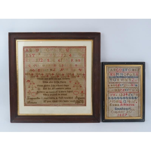 33 - Two Victorian needlework samplers, mid 19th century. Incorporating alphabet, numbers and poetry, dat... 