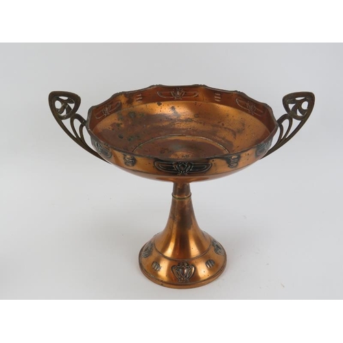 43 - An Art Deco copper and brass vase and an Art Deco copper and brass tazza. (2 items) 31 cm height, 28... 