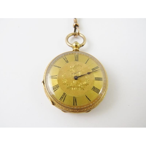 504 - An 18ct gold open faced pocket watch the engraved case stamped 18ct, with cylinder movement, suspend... 