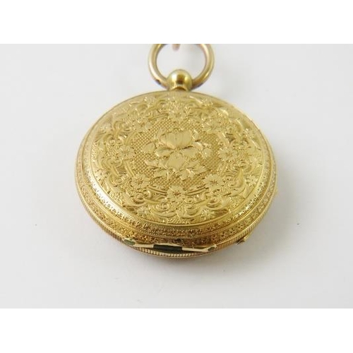 504 - An 18ct gold open faced pocket watch the engraved case stamped 18ct, with cylinder movement, suspend... 