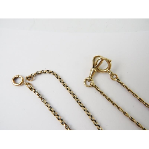 509 - A precious metal belcher-link chain stamped 9CT, 5.4gms; a bi-metal chain link necklace with swivel ... 