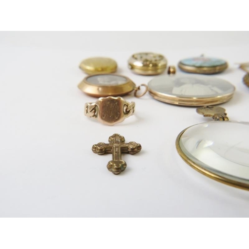 511 - A collection of lockets, some testing 9ct; a 22ct yellow gold wedding ring; a diamond set band, and ... 