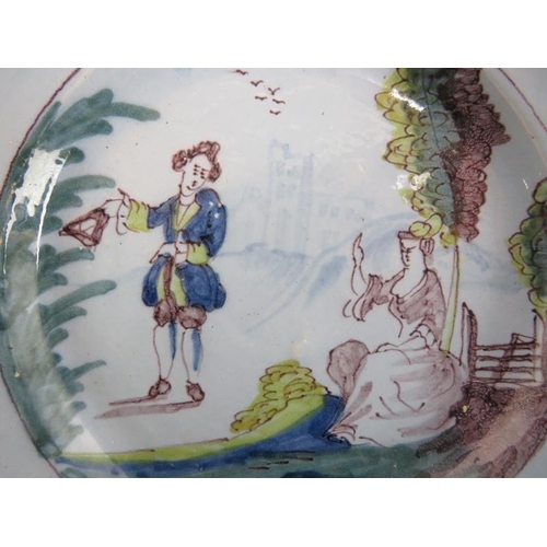 8 - An English Delftware polychrome decorated ceramic plate, Liverpool, mid 18th century. Decorated depi... 