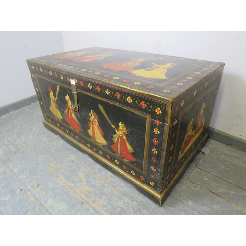 705 - A highly decorative antique Indian dowry chest, the hand-painted polychrome decoration depicting a y... 