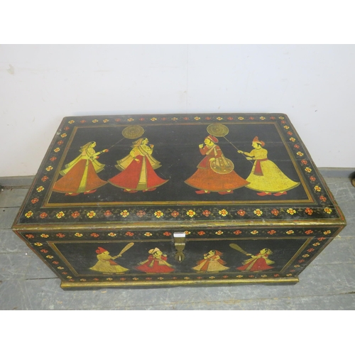 705 - A highly decorative antique Indian dowry chest, the hand-painted polychrome decoration depicting a y... 