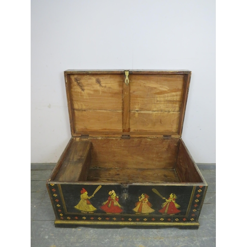 705 - A highly decorative antique Indian dowry chest, the hand-painted polychrome decoration depicting a y... 