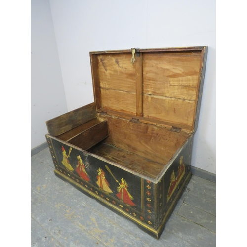 705 - A highly decorative antique Indian dowry chest, the hand-painted polychrome decoration depicting a y... 