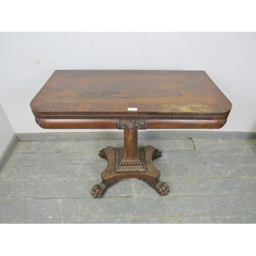 707 - A good William IV rosewood turn-over tea table, crossbanded and with carved foliate frieze decoratio... 