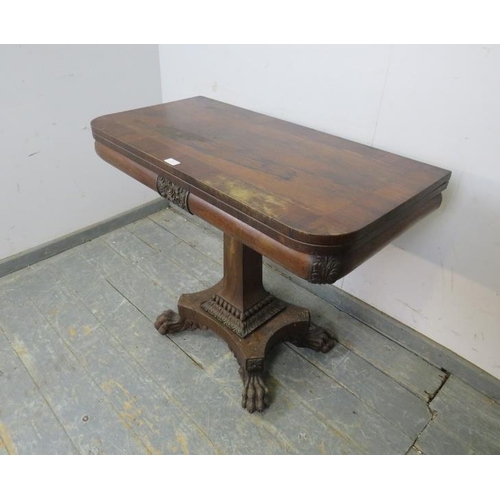 707 - A good William IV rosewood turn-over tea table, crossbanded and with carved foliate frieze decoratio... 