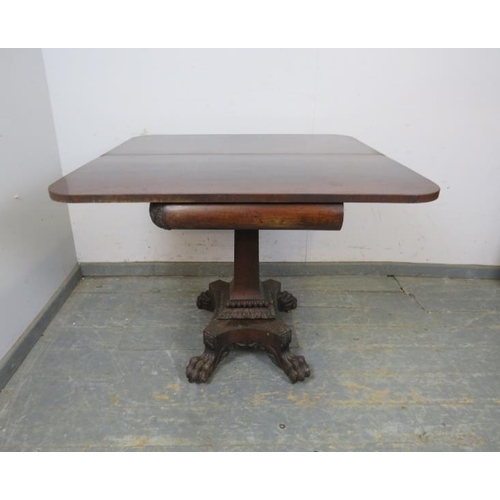 707 - A good William IV rosewood turn-over tea table, crossbanded and with carved foliate frieze decoratio... 