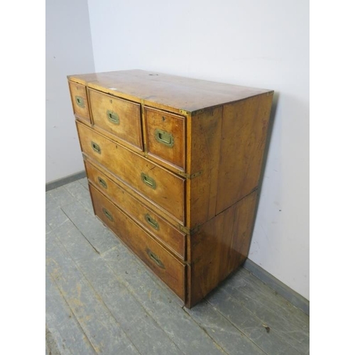 710 - A good 19th century walnut military secretaire chest, housing a central mahogany lined secretaire se... 