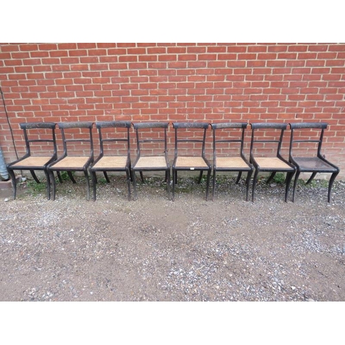 713 - A set of eight Regency Period sabre-leg dining chairs for restoration, the backrests with boulle wor... 