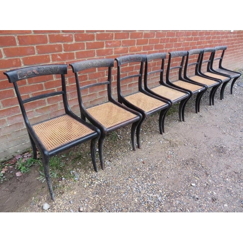 713 - A set of eight Regency Period sabre-leg dining chairs for restoration, the backrests with boulle wor... 