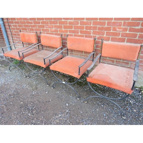 714 - A set of four vintage Hollywood Regency wrought iron and brass throne chairs, upholstered in tangeri... 