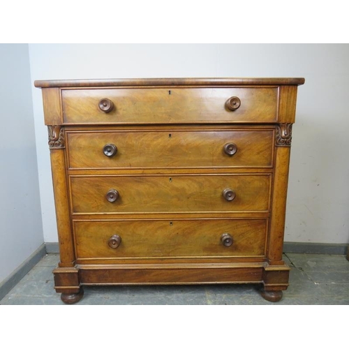 718 - A 19th century mahogany reverse breakfront Scottish chest, housing four graduated drawers with turne... 