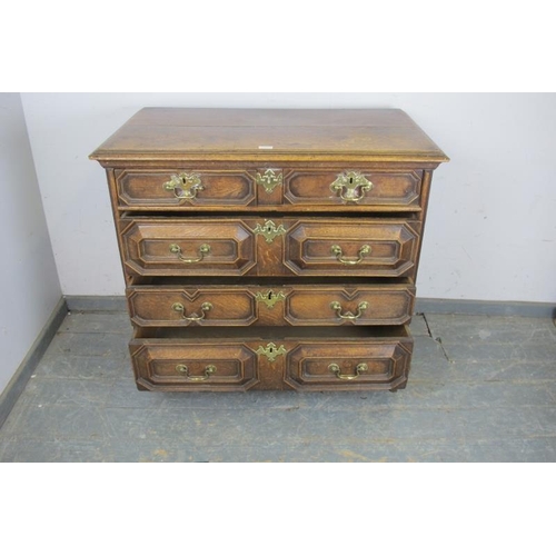 722 - A 17th century Jacobean oak chest, housing two short above three long elm & oak lined graduated draw... 