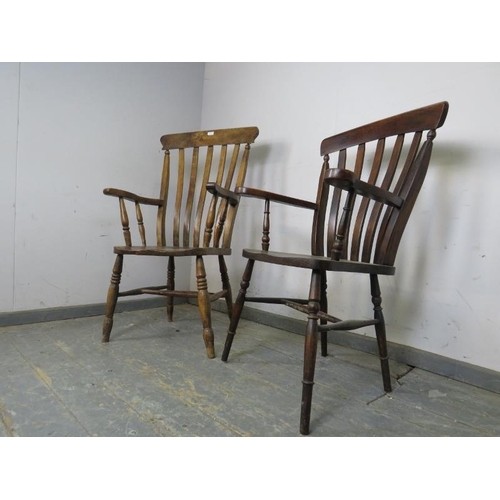 736 - A matched pair of antique elm & beech his & hers farmhouse kitchen chairs, on turned supports with s... 