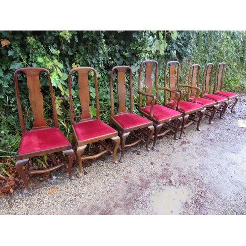 775 - A set of eight (6+2) antique mahogany dining chairs in the Queen Anne taste, with shaped back splats... 