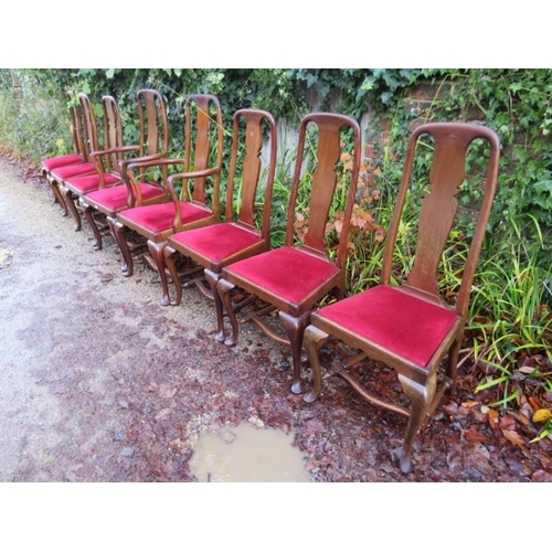 775 - A set of eight (6+2) antique mahogany dining chairs in the Queen Anne taste, with shaped back splats... 