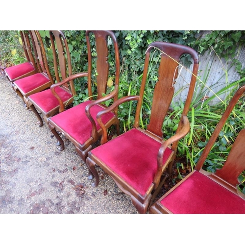 775 - A set of eight (6+2) antique mahogany dining chairs in the Queen Anne taste, with shaped back splats... 