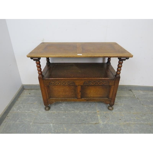 777 - A vintage oak metamorphic monk’s bench, the panelled backrest on ball turned uprights, above a box s... 