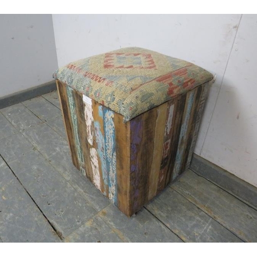 793 - A vintage multicoloured square stool, with seat upholstered in Kilim material. 
H50cm W37cm D37cm (a... 