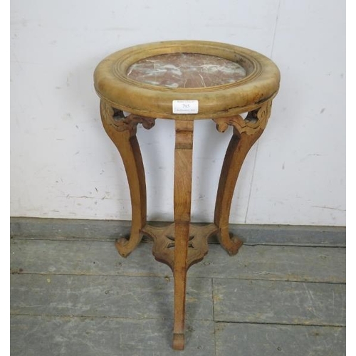 795 - A vintage pale elm Chinese plant stand with inset rouge marble top, on carved cabriole supports unit... 