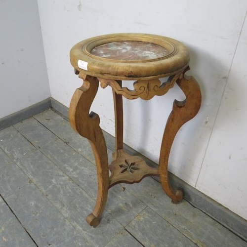 795 - A vintage pale elm Chinese plant stand with inset rouge marble top, on carved cabriole supports unit... 