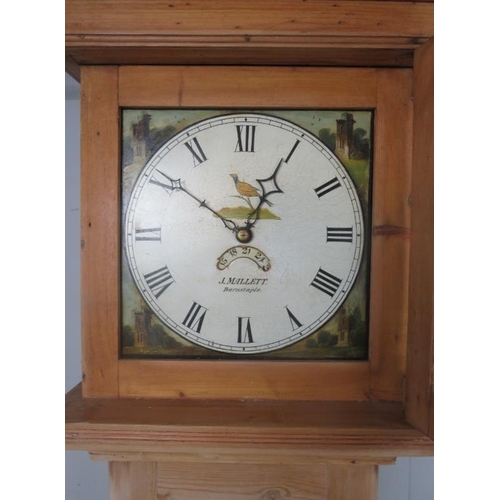 798 - An antique pine 30-hour longcase clock by J. Mallett of Barnstable, the hood with stepped cornice ab... 