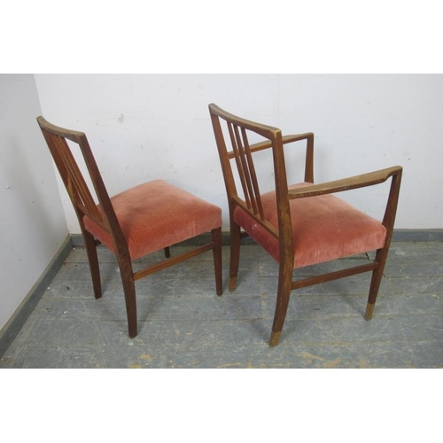 804 - A set of six (4+2) mid-century teak dining chairs by Gordon Russell for Heals, upholstered in faded ... 