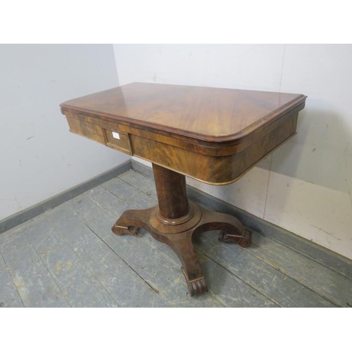 812 - A Victorian flame mahogany turnover card table, on a plain column with quarterform base, terminating... 