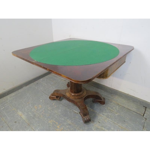 812 - A Victorian flame mahogany turnover card table, on a plain column with quarterform base, terminating... 