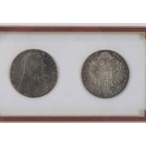 10 - Two Maria Theresa Silver Thaler Coins, 1780. Mounted, framed and glazed. Frame: 19.1 cm x 25.6 cm.
C... 