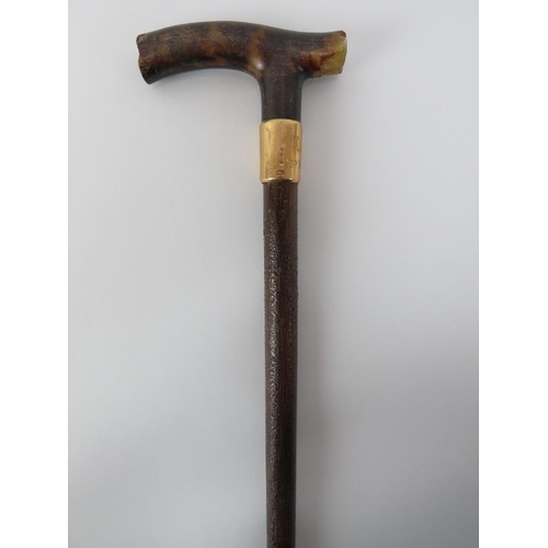 107 - A Victorian 15ct yellow gold mounted walking cane with tortoiseshell crutch handle. With a varnished... 