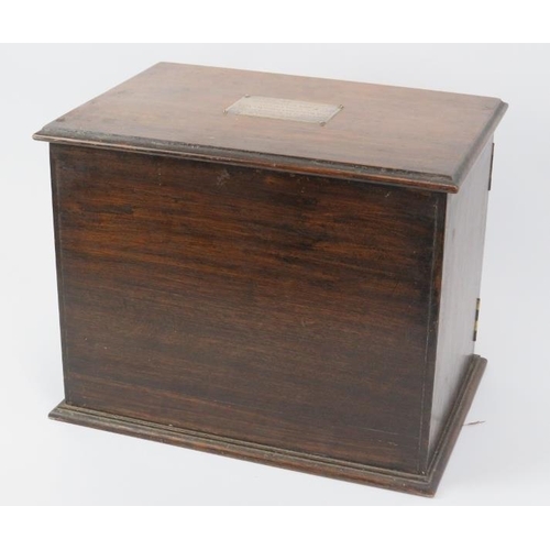 12 - An antique oak combined humidor and decanter box. With plated silver plaque to the top inscribed ‘Ju... 