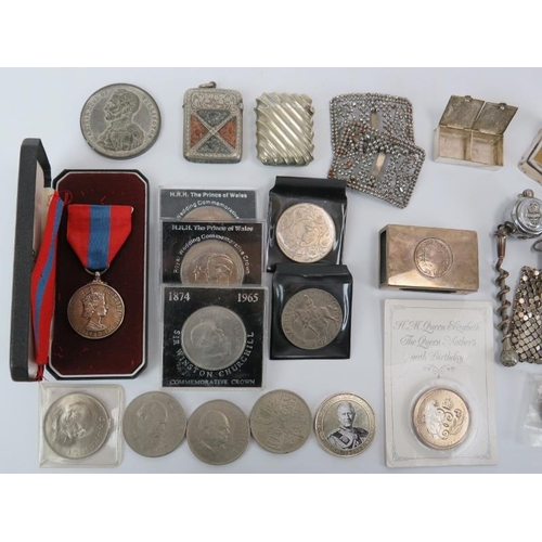 125 - - A group of plated silver and metal items, commemorative coins, medallions and an Imperial service ... 