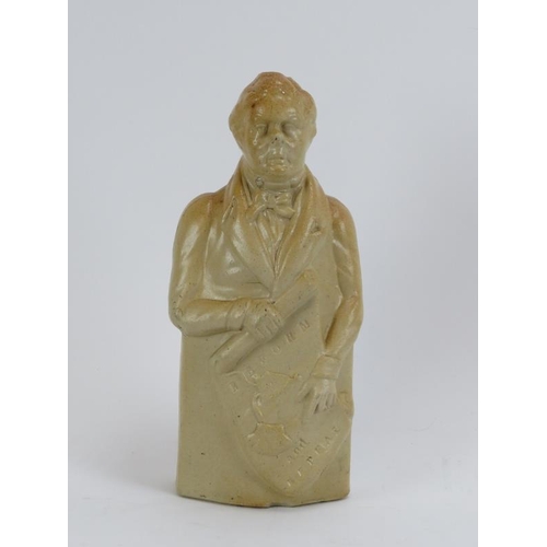 156 - A large brown salt glazed stoneware figural flask, circa 1830. Probably modelled as Daniel O'Connell... 