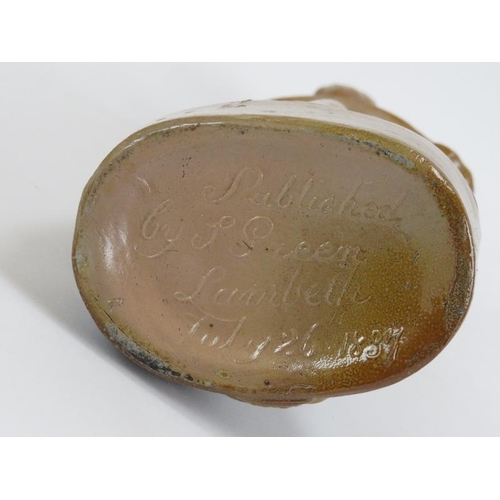 157 - A brown salt glazed stoneware reform flask of Queen Victoria. Modelled as the young monarch standing... 