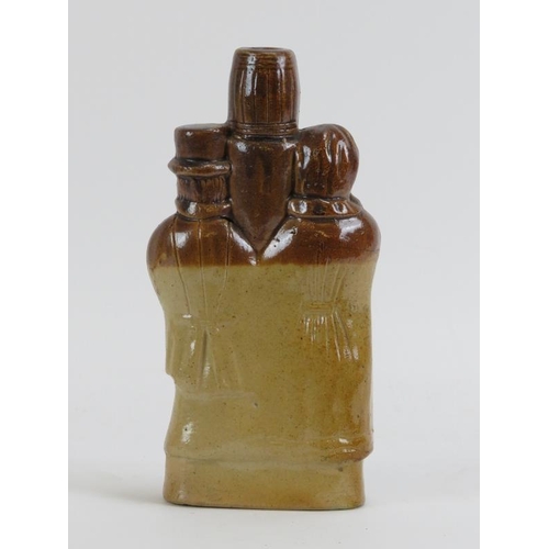 160 - A rare Victorian salt glazed stoneware flask modelled as male and female figures drinking at a taver... 