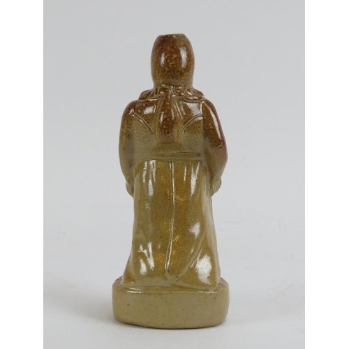 164 - A rare salt glazed stoneware flask modelled as an old portly male figure, 19th century. Depicted hol... 