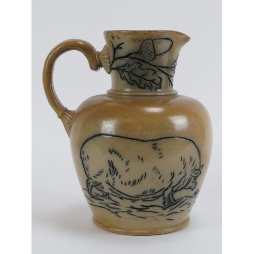 170 - A Victorian stoneware jug and a Bellarmine jug, dated 1977. The Victorian jug with incised decoratio... 