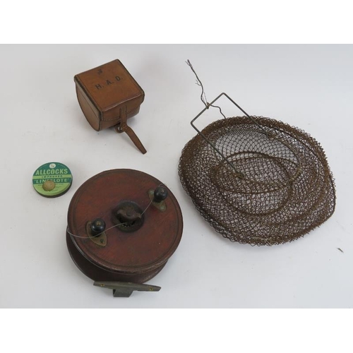 189 - An antique wooden fishing reel, a vintage leather reel case, a wire fish trap and an Allcocks Improv... 