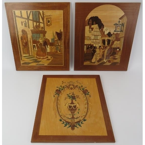 196 - Three marquetry inlaid wooden wall plaques, 20th century. Depicting two figural village scenes and a... 