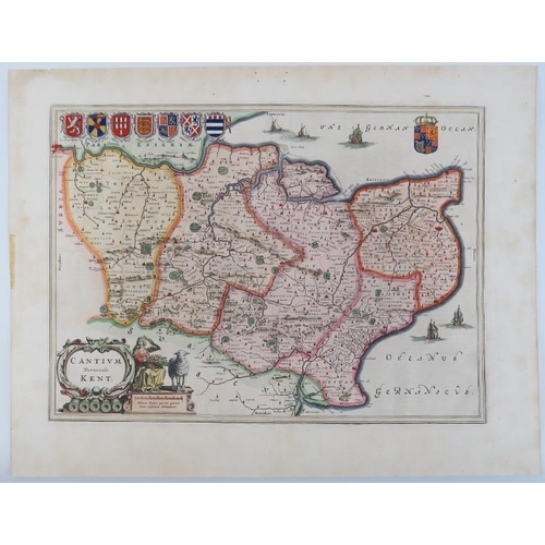 200 - A Kent county map by Willem Jansz Blaeu (1571-1646). Hand coloured engraving entitled ‘Cantium Verna... 