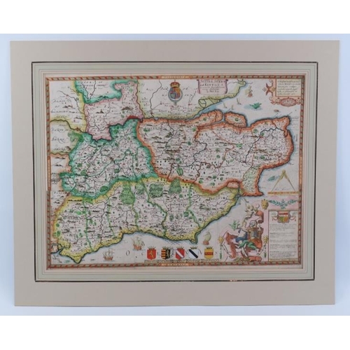 201 - A ‘Sussex, Surry and Kent’ county map by Saxton (Christopher) and Philip Lea. Hand coloured engravin... 