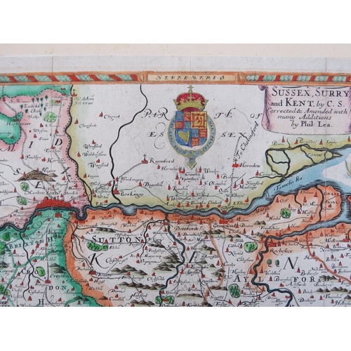 201 - A ‘Sussex, Surry and Kent’ county map by Saxton (Christopher) and Philip Lea. Hand coloured engravin... 