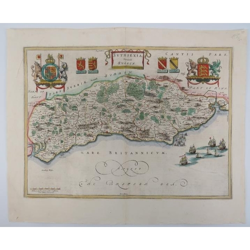 207 - A Sussex county map by Johannes Blaeu, 17th century. Hand coloured engraving entitled ‘Suthsexia Ver... 