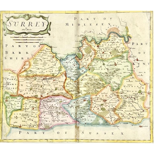 209 - A Surrey county map by Robert Morden, circa 1695. Hand coloured engraving. 36 cm x 42 cm.
Condition ... 