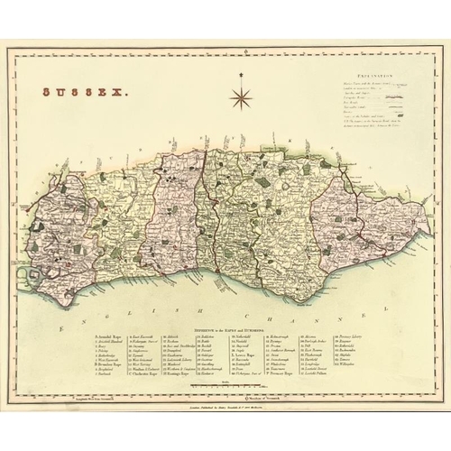 210 - A Sussex county map by Henry Teesdale, circa 1828. Hand coloured engraving. Published by Henry Teesd... 